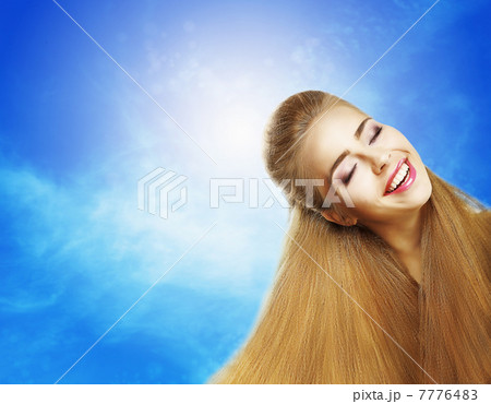 Positive Emotions. Portrait of Laughing Teen Girl over Sunny Blue Sky. Jubilance 7776483