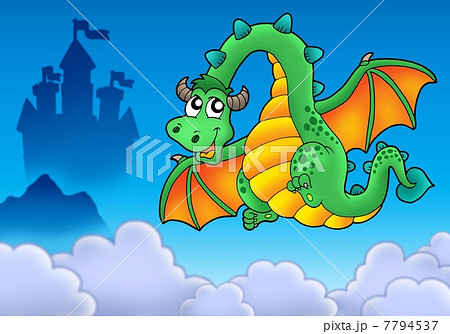 Flying green dragon with castle 7794537