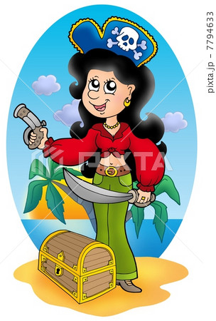 Cute pirate girl with treasure chest Cute pirate girl with treasure chest 7794633