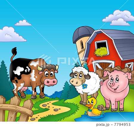 Red barn with farm animals 7794953