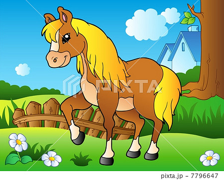 Cartoon horse on spring meadow 7796647