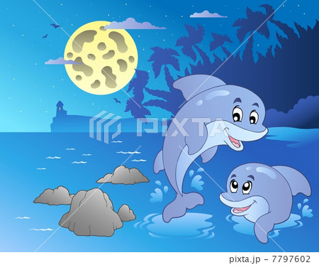 Night seascape with happy dolphins Night seascape with happy dolphins 7797602