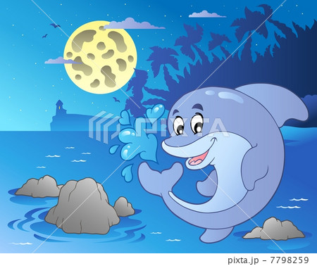 Night seascape with jumping dolphin 7798259