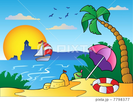 Beach with umbrella and sand castle 7798377
