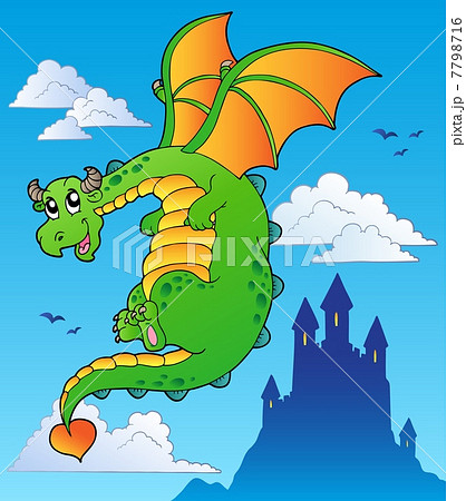 Flying fairy tale dragon near castle 7798716