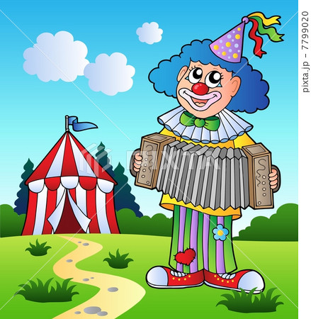 Clown playing accordion near tent 7799020