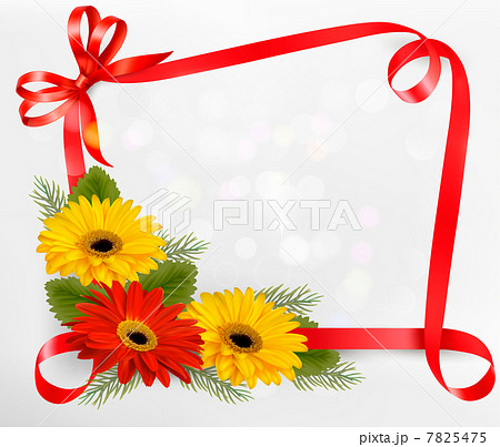 Holiday background with colorful flowers and red bow and ribbon. 7825475