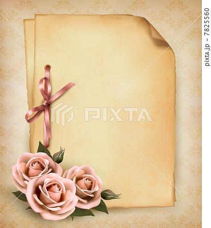 Retro background with beautiful pink rose and old paper. Vector 7825560