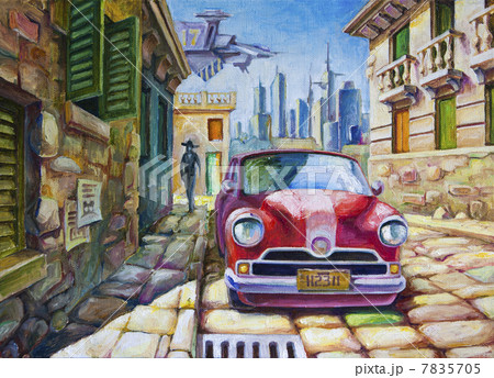 Old Red Car at the Sunny Street 7835705