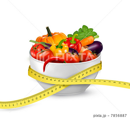 Diet meal. Vegetables in a bowl with measuring tape. Concept of 7856887
