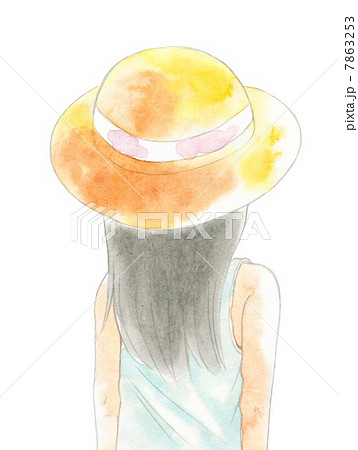 麦わら帽子の女性の後ろ姿のイラスト素材