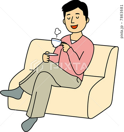 ソファーでコーヒーを飲む40代男性のイラスト素材