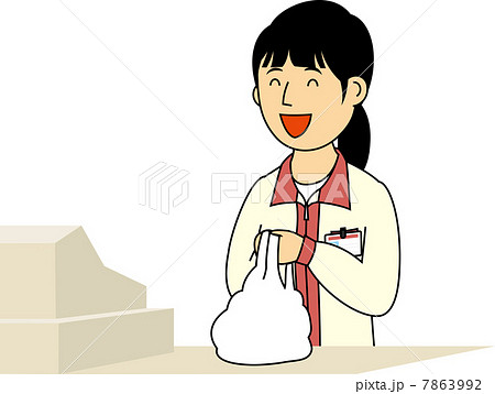 笑顔で袋を渡すレジ打ちの女性のイラスト素材