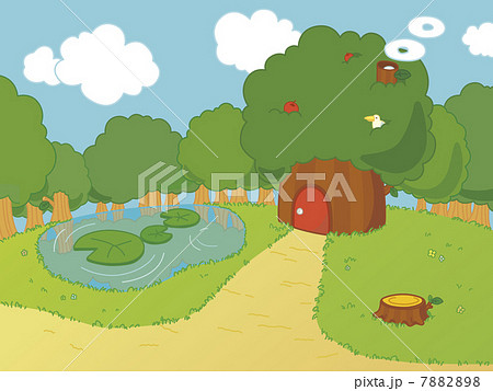 森と木の家と草原のイラスト素材 7882898 Pixta