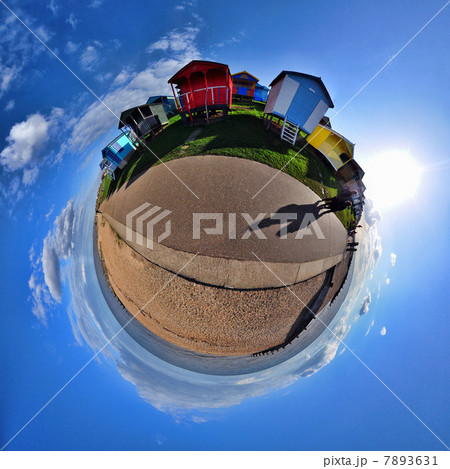 Beach huts and coast with little planet effect Beach huts and coast with little planet effect 7893631