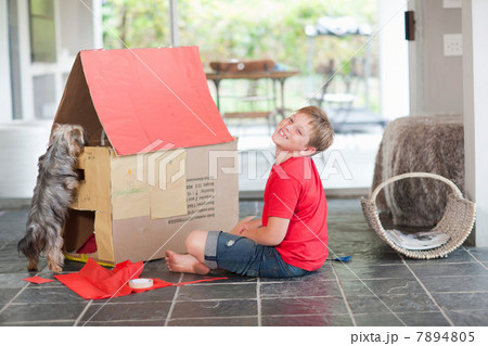 Boy building kennel for his dog 7894805