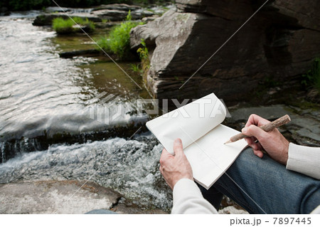 Senior man drawing outdoors, high angle 7897445