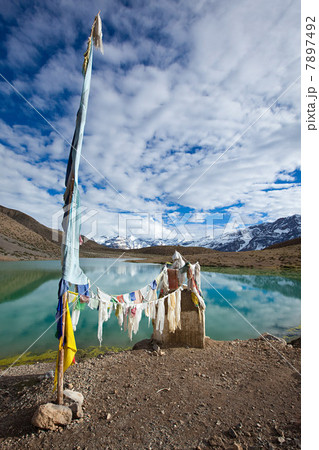 Prayer flags and Dhankar Lake, Spiti Valley, Himachal Pradesh, India 7897492