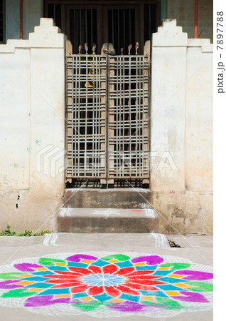 Front gate and colourful chalk flower on street, Trichy, Tamil Nadu 7897788