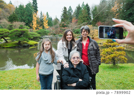 Woman photographing multi generation family 7899902
