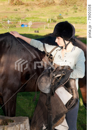 Young woman patting horses back 7900308