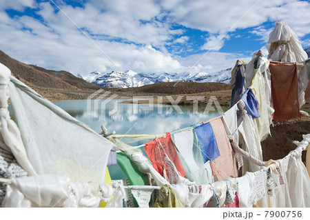 Prayer flags and Dhankar Lake, Spiti Valley, Himachal Pradesh, India 7900756