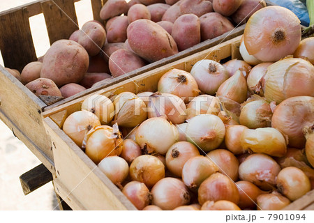 Onions and potatoes on vegetable stall Onions and potatoes on vegetable stall 7901094