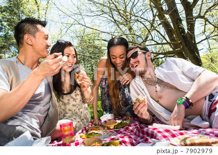 Four friends having picnic 7902979