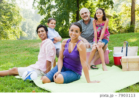 Three generation family at picnic in park, portrait Three generation family at picnic in park, portrait 7903113