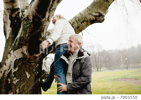 Senior man helping woman climb tree in park 7903550