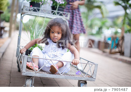 Girl sitting in cart at plant nursery Girl sitting in cart at plant nursery 7905487