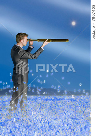 Businessman looking through telescope in binary field Businessman looking through telescope in binary field 7907408