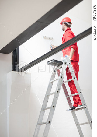 Decorator on ladder painting interior wall 7907886
