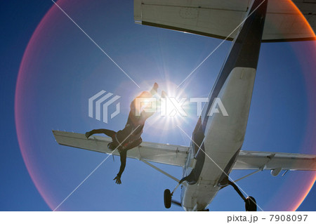 Skydiver falling from airplane with sunlight 7908097
