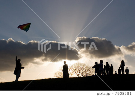 Silhouetted people in park with kite Silhouetted people in park with kite 7908581