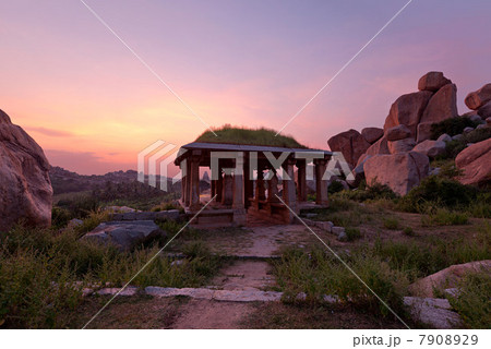 Ancient ruins at sunset, Hampi, Karnataka, India 7908929