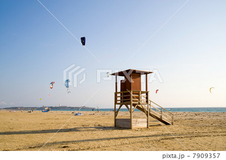 Lifeguard tower on beach, Playa de Los Lances, Tarifa, Spain 7909357