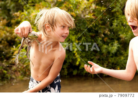 Boy holding frog up whilst friend looks on in amazement Boy holding frog up whilst friend looks on in amazement 7909772