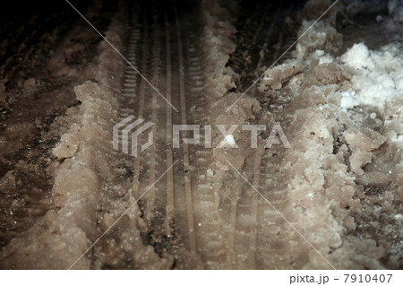 Close up of tire tracks in snow slush 7910407