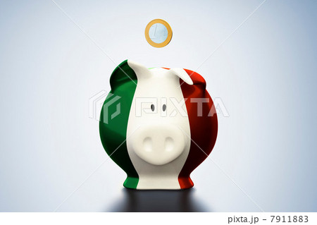 Euro coin above Italian flag piggy bank Euro coin above Italian flag piggy bank 7911883