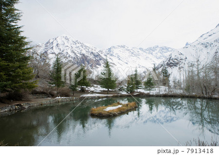 Mountains reflected in still rural lake 7913418
