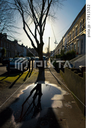 Puddle on pavement with houses 7913522