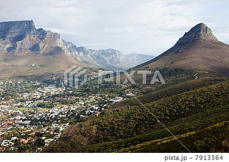 View from Signal Hill, Cape Town, SA.  Looking at Lions Head (far right) the Twelve Apostles (center) and Table Mountain (Left) 7913564