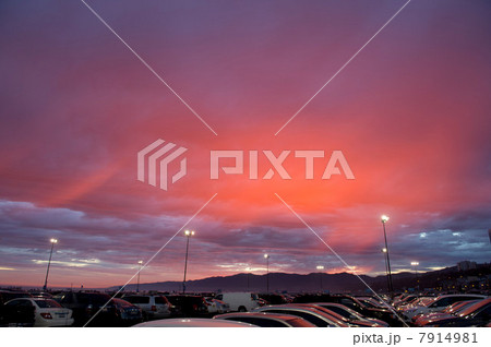 Cars in parking lot at sunset 7914981