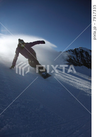 Male snowboarder sliding down ski slope Male snowboarder sliding down ski slope 7917335