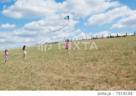 Three girls flying kite in field 7919288