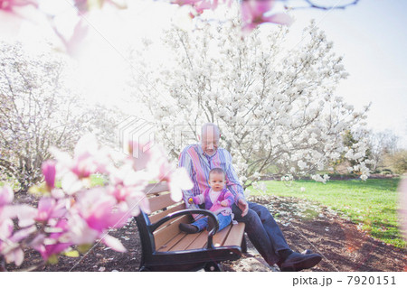 Grandfather and grandchild on park bench 7920151