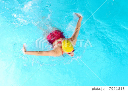 Mature woman doing butterfly stroke in swimming pool 7921813