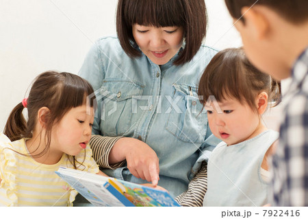 Mother and children looking at storybook 7922416