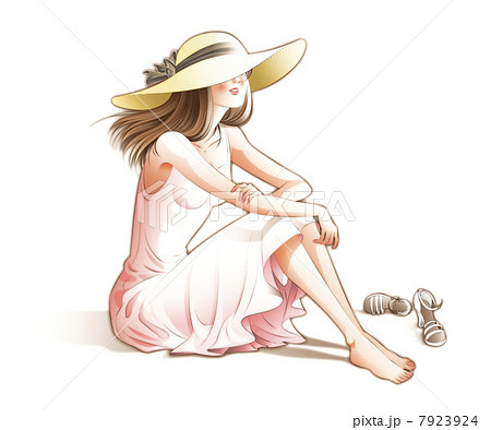 浜辺に座る女性 カラーのイラスト素材